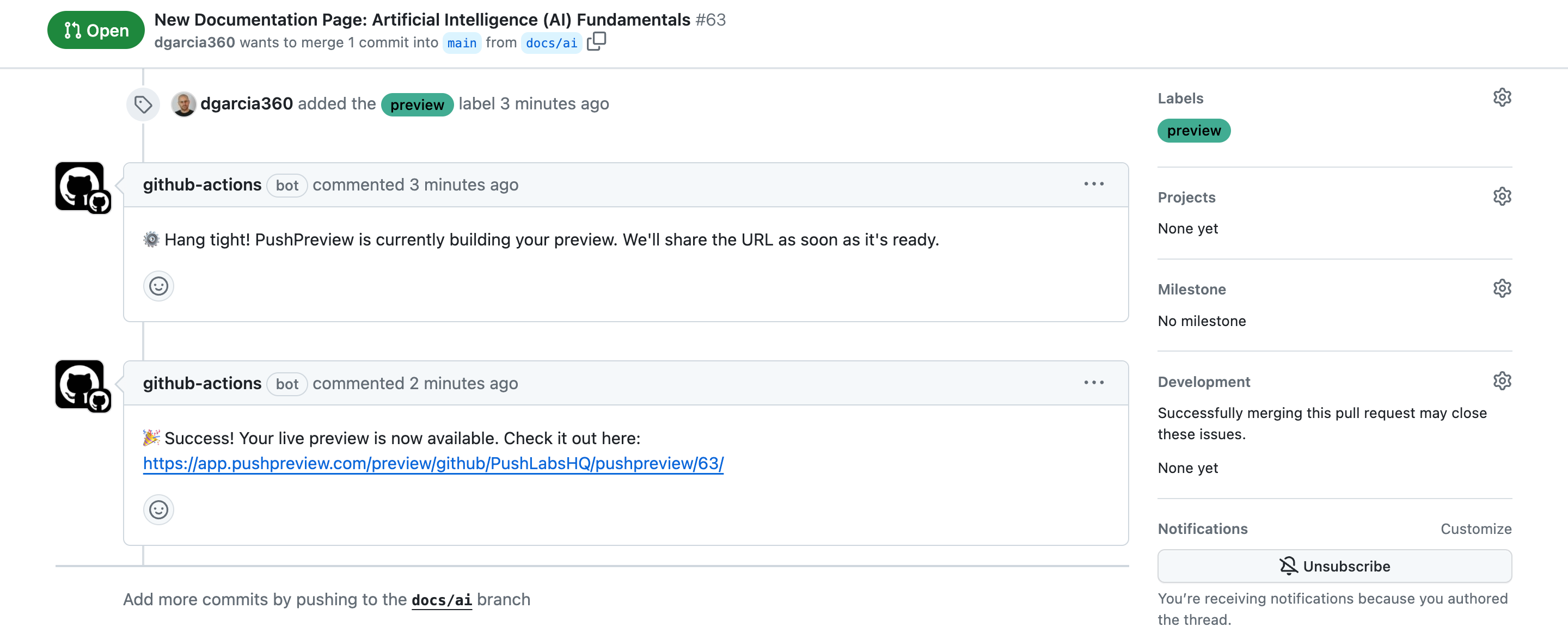 PushPreview showing a live preview URL comment in a GitHub pull request
